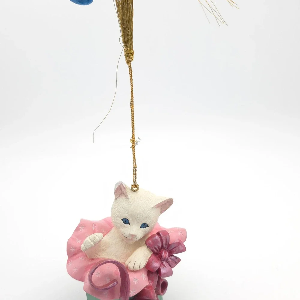 Lenox Holiday Mischief Cat Ornament 1998 White Kitten Teal Pink Vintage‎ Whimsy